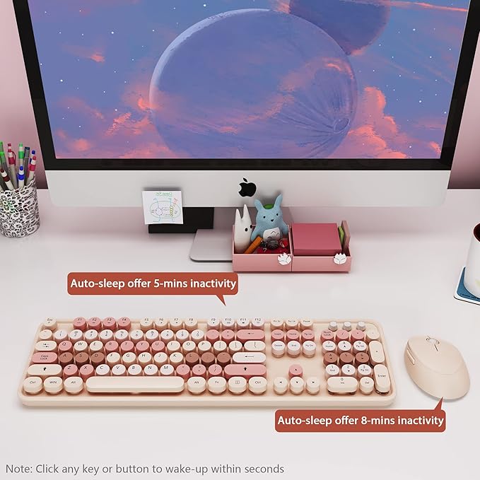 Wireless Keyboard and Mouse, KOOTOP Cute Keyboard and Mouse, 2.4G Wireless Keyboard with Retro Round Keycap for PC, Mac, Laptop,Computer Windows (Milk Tea)