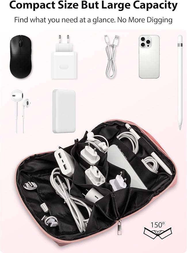 iMangoo Tech Organizer Travel Case 150° Open Large Storage Pouch Purse for Women Zipper Waterproof Bag Power Bank Portable Charger Cable Cord Electronics Accessories Trip Travel Essentials Bags Pink