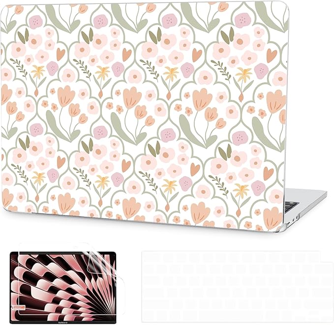 G JGOO Compatible with MacBook Air 13 inch Case 2026 2025-2022 M5 A3449 M4 A3240 M3 A3113 M2 A2681, Plastic Hard Shell for MacBook Air 13.6 inch Case +Keyboard Cover+ Screen Protector, Pink Flower