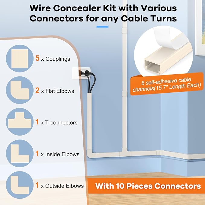 126in Cord Hider Kit, Wire Hiders for TV on Wall, Paintable Cable Management Kit, Wire Cover for Wall Mount TV, Hide Wires Along Wall, Beige Cord Cover Wall Wire Management, 8xL15.7in W0.95in H0.55in - Image 3
