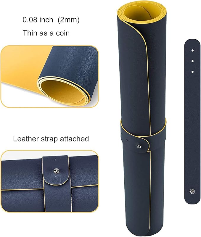 Dual Sided PU Leather Desk Pad, Mouse Pad, Office Desk Mat, Non-Slip Laptop Desk Pad, Waterproof Desk Writing Pad for Office and Home (23.6" x 11.8", Dark Blue + Yellow)