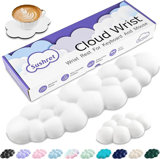 Sushret Cloud Wrist Rest Keyboard, Cloud Keyboard Wrist Pad Set with PU Leather Memory Foam, Cute Arm Rest for Palm Support, PC/Gaming Desk Accessories/Office Setup/Computer Hand Cushion - White