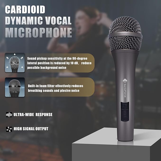 Professional Dynamic Microphone for Singing Karaoke Microphone with 16ft XLR to 1/4'' Audio Cable, Vocal Handheld Mic for Podcast Mixer Amplifier PA System