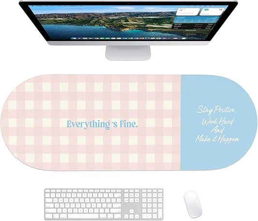Checkered Pattern Desk Pad Protector, 35.5 x 13'' Aesthetic Mouse Mat for Desktop, Waterproof PU Leathe Non-Slip Desk Writing Pad for Office and Home, Light Pink and Blue