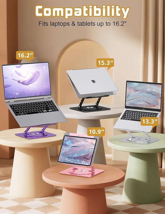 Adjustable Laptop Stand for Desk-360° Rotating Base Aluminum Laptop Riser,Ergonomic Computer Stand for Office Home MacBook Pro/Air Dell HP up to 16'',Black