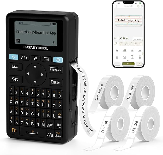 SUPVAN E11 Bluetooth Label Maker Machine with 4 Tapes, Support Keyboard & App with 30+ Fonts and 660+ Icons, Rechargeable Inkless Labeler for Home, Kitchen, Office, School, Organization, Black
