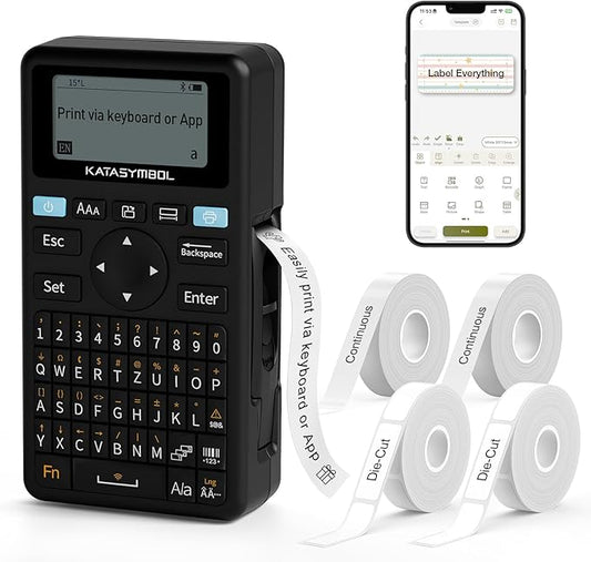 SUPVAN E11 Bluetooth Label Maker Machine with 4 Tapes, Support Keyboard & App with 30+ Fonts and 660+ Icons, Rechargeable Inkless Labeler for Home, Kitchen, Office, School, Organization, Black
