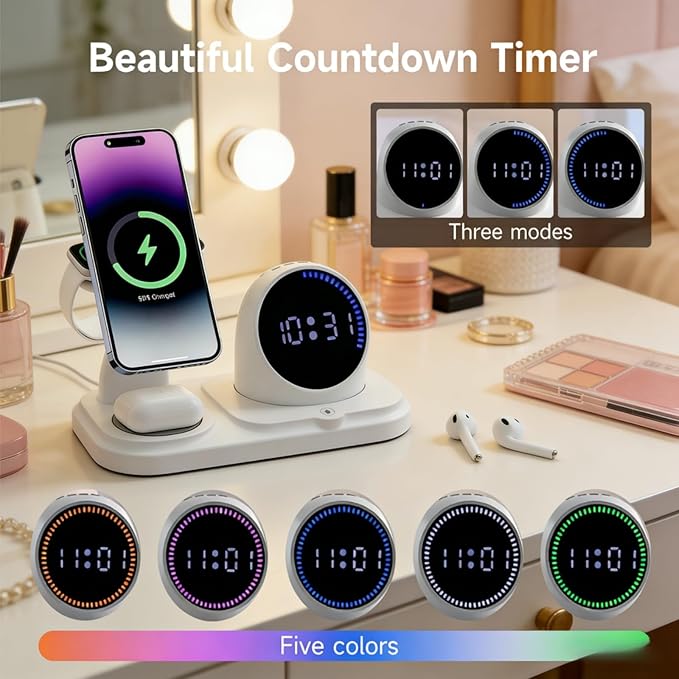 6 in 1 Wireless Charger i-Phone Charging Station: Stand for Multiple Devices for Apples - Compatible i-Phone 17 16 15 14 13 Pro Max Apples Watch Airpods, Design with Wireless Speaker & Clock (White)
