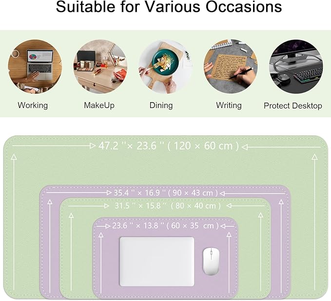 Bleswin Double-Sided Desk Mat, 23.6''×13.8'', PU Leather Mouse Pad, Waterproof Desk Pad, Laptop Leather Desk Mat, Protector for Keyboard and Mouse for Office and Home (Matcha+Purple)