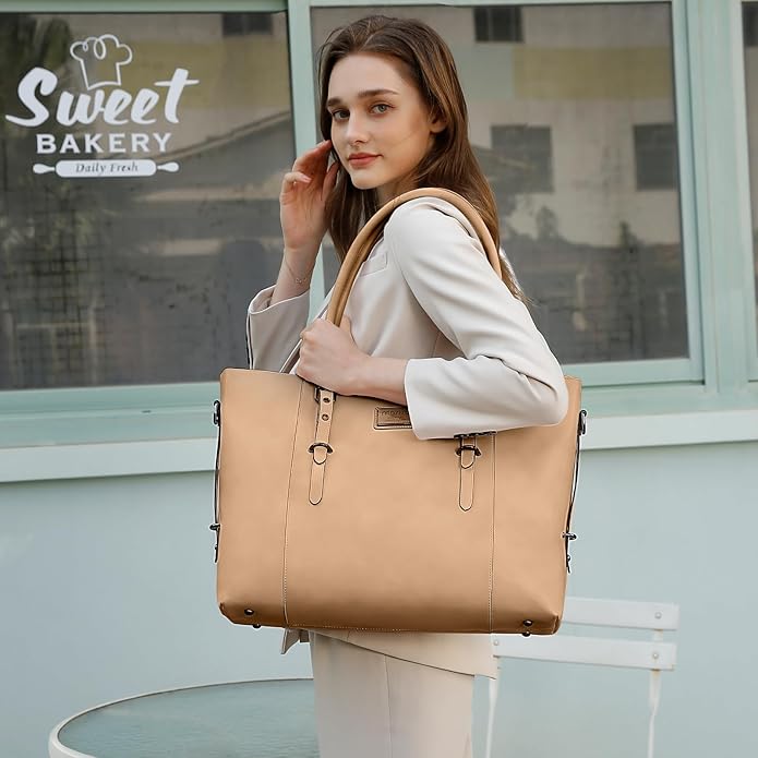 MOSISO Laptop Bag for Women, Waterproof Vintage PU Leather Briefcase Shoulder Computer Laptop Tote Bag for Office Work