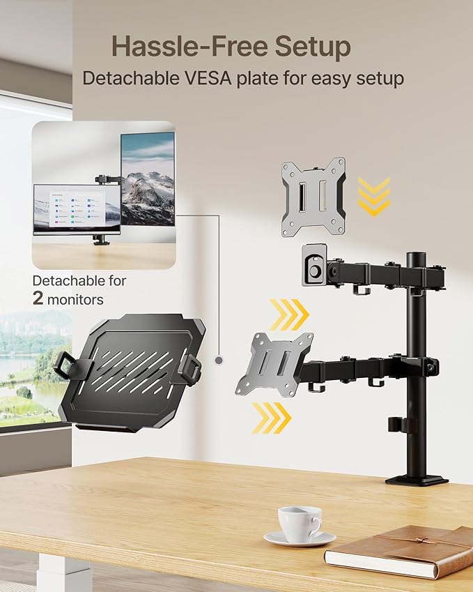 monTEK 2-in-1 Monitor Mount and Laptop Stand for Desk, Ergonomic Height Adjustable Monitor Arm Fit up to 32 inch Screen and 17 inch Laptop, Hold up to 22lbs Weight, C-Clamp and Grommet