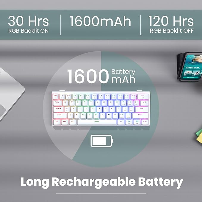 Pauroty 60% Wireless Creamy Keyboard, Triple Mode 2.4G/USB-C/Bluetooth Gaming Keyboard, RGB Backlit, Linea Red Switches, Creamy Sounding, 61 Keys Rechargeable Mini Wireless MechanicalKeyboard