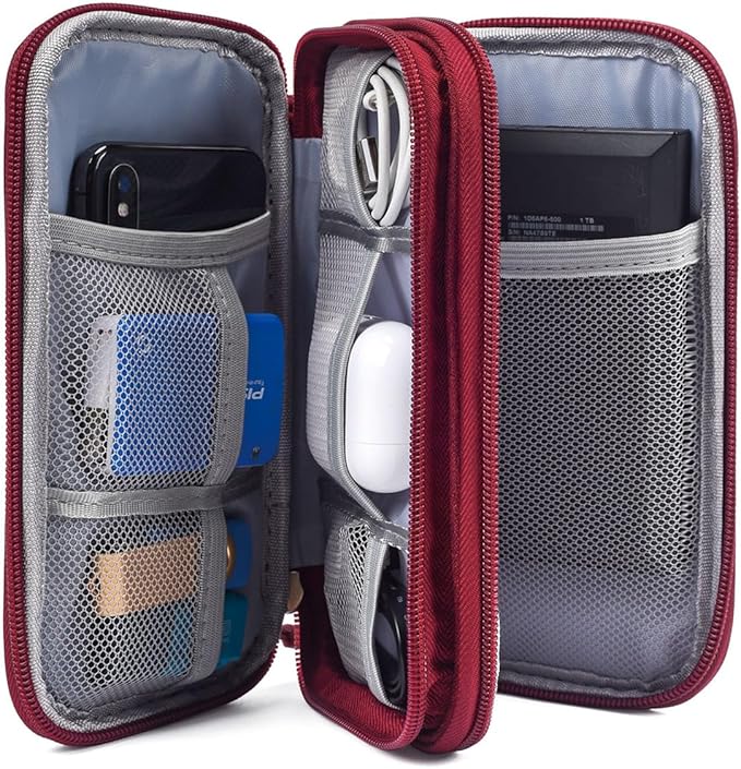 Electronic Organizer Travel Cable Accessories Bag, Case for Cable, USB, Cord, Charger, Phone, Power Bank, Earphone (Wine Red, Large)
