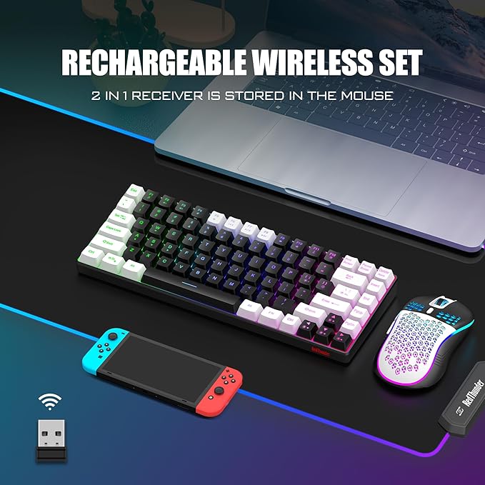 RedThunder K84 Wireless Keyboard and Mouse Combo, Rainbow Backlit Rechargeable Battery, 75% Layout TKL Ultra Compact Gaming Keyboard & Lightweight 3200 DPI Honeycomb Optical Mouse (Black-White)