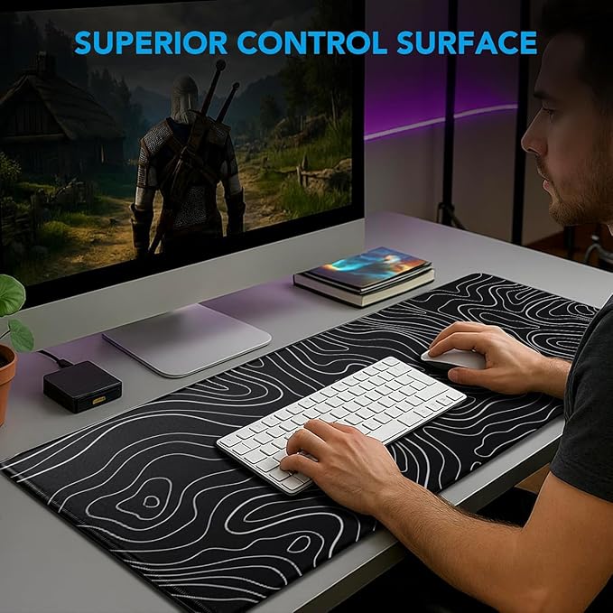 Large Mouse Pad, Waterproof Gaming Mousepad with Non-Slip Rubber Base, Stitched Edges, XXL Computer Long Keyboard Mouse Mat for Gamer, Office & Home, 31.5" x 15.7", Black White Lines