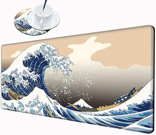 Gaming Mouse Pad Large Mousepad Japanese Sea Wave Desk Mat XXL Big Desk Pad 31.5x15.75 Rubber Base Computer Pad with Stitched Edges Mouse Mat for Work Game Home Office