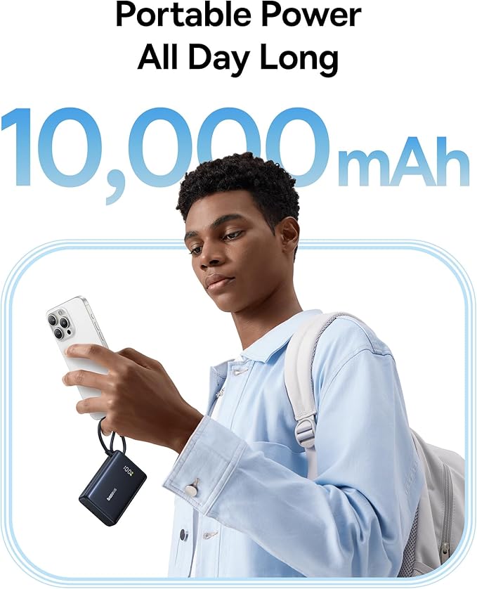 Baseus Power Bank, Picogo 10000mAh 45W 3-Output Portable Charger with Built-in USB-C Cable, PPS/PD QC Fast Charging External Battery Pack for iPhone 17/16/15/14/13, Samsung S25/S24, MacBook Pro, iPad