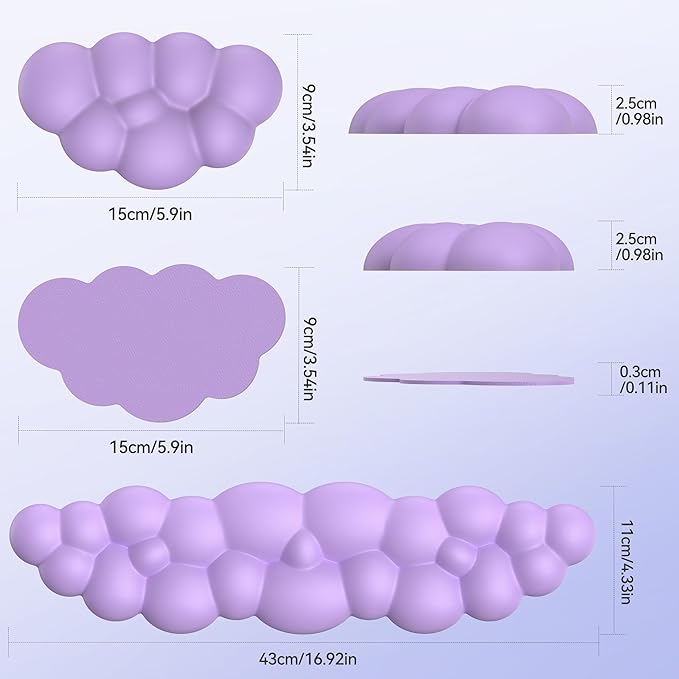 TECKNET Cloud Keyboard Wrist Rest Set, Cloud Wrist Rest with Non-Slip Base, PU Leather Wrist Pad for Keyboard with Ergonomic Memory Foam for Computer Laptop Office Gaming and Pain Relief, Purple