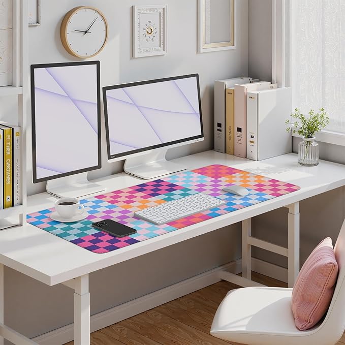 iLeadon Desk Mat Cute,Computer Desktop Mouse Pad,Colorful Checkered Desk Mouse Mat Extra Large,Long Full Rubber Base Mousepad with Stitched Edges,Keyboard Mat for Women Office,Home