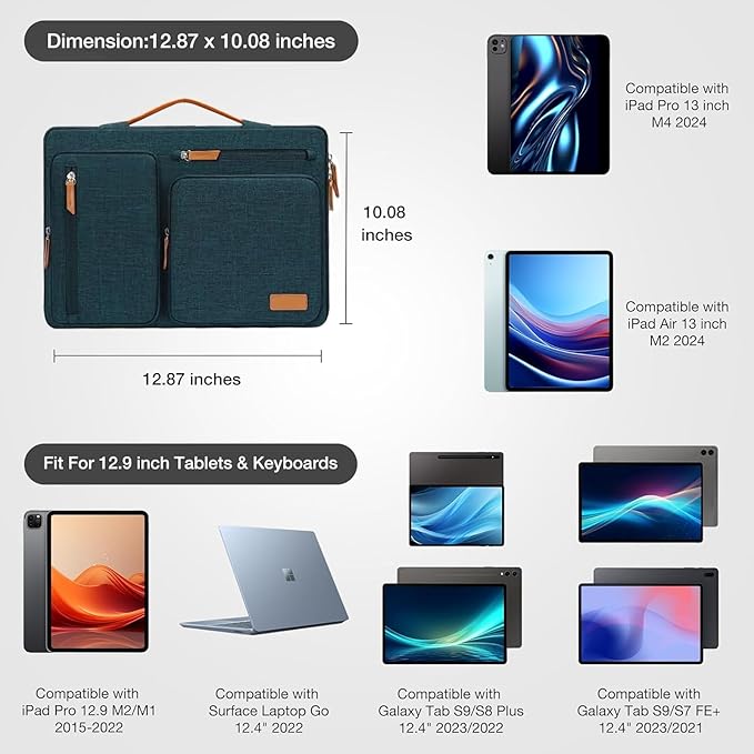 MOSISO 12.9 inch Tablet Sleeve Case for iPad Pro 13 M4 & iPad Air 13 M3 M2, iPad Pro 12.9 M2 M1 6/5th with Magic Keyboard&Smart Keyboard Folio, Side Open Carrying Bag with 4 Zipper Pockets, Teal Green