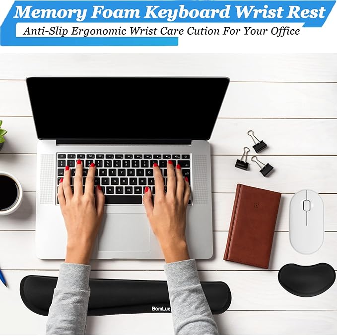 Keyboard Wrist Rest, BamLue Memory Foam Pad Set for Easy Typing & Pain Relief for Laptop, Office & Home, Ergonomic Sets for Keyboard, Gel Mouse Wrist Rest, Smooth Fiber Cushion Wrist Support-Black