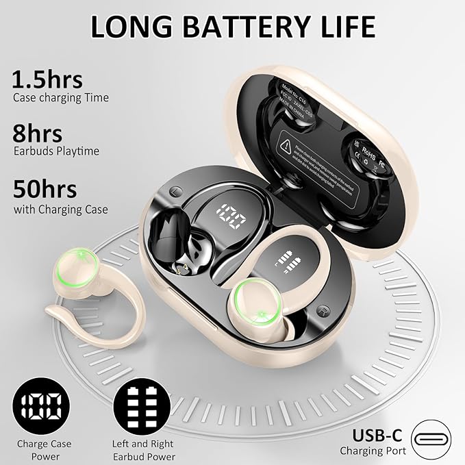 Wireless Earbuds, Bluetooth Headphones Sports, Deep Bass Earphones Gym Running, IP7 Waterproof Headset with Earhook Workout, 50H Playback Over-Ear Buds with ENC Noise Cancelling Mic