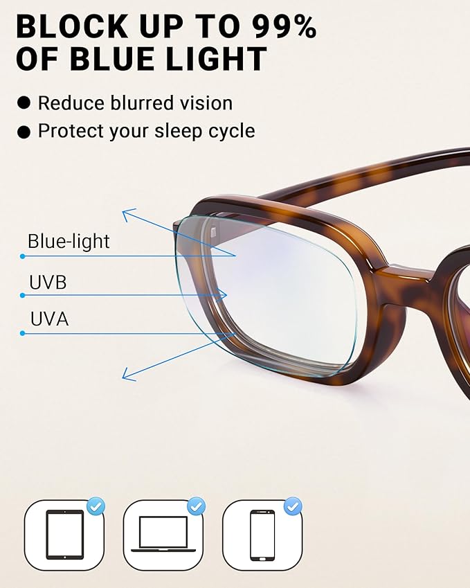 1 Pack Rectangle Blue Light Glasses for Women, Lightweight TR90 Small Frame with Spring Hinge for All-Day Comfort, Anti UV Glare & Eyestrain
