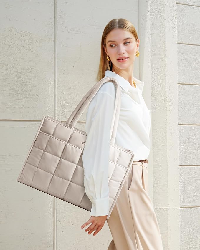 LOVEVOOK Tote Bag for Women, Puffer Work Handbag 17 Inch Laptop Purse for Nurse Teacher, Large Quilted Travel Tote Shoulder Bag with Zipper for College Office Clinical Gym