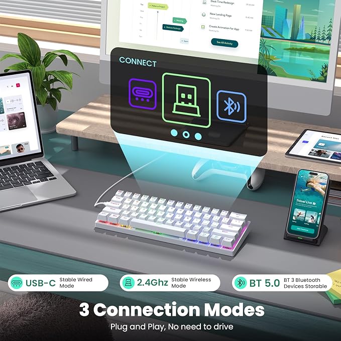 Pauroty 60% Wireless Creamy Keyboard, Triple Mode 2.4G/USB-C/Bluetooth Gaming Keyboard, RGB Backlit, Linea Red Switches, Creamy Sounding, 61 Keys Rechargeable Mini Wireless MechanicalKeyboard