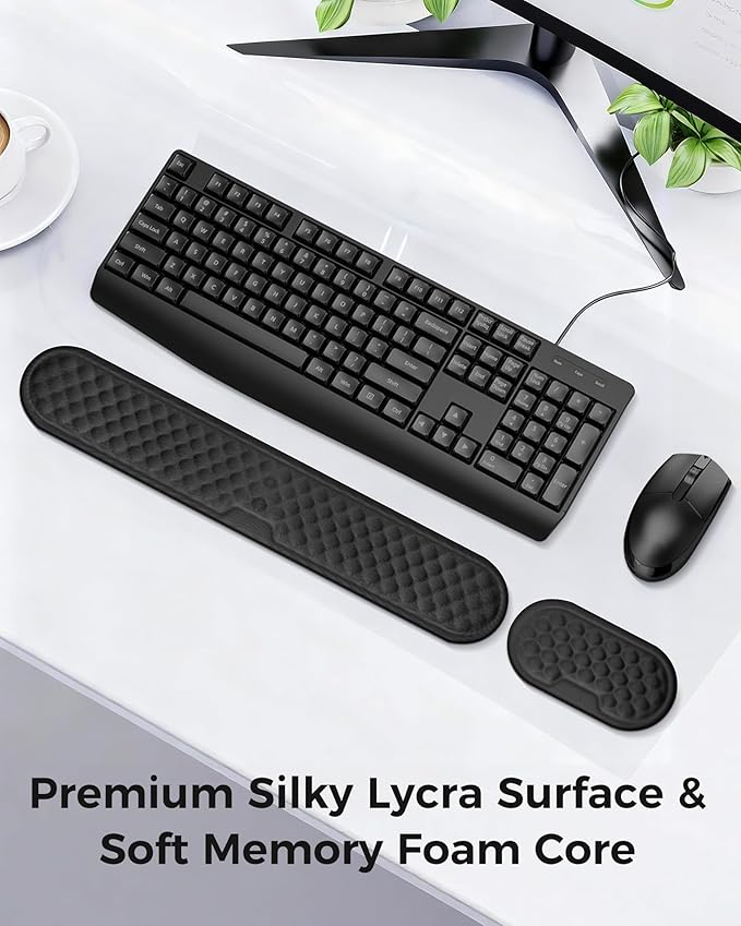 Wrist Rest Set for Keyboard and Mouse, Ergonomic Wrist Support with Soft Memory Foam, Silky Lycra Cover, Non-Slip Base (Dark Black)