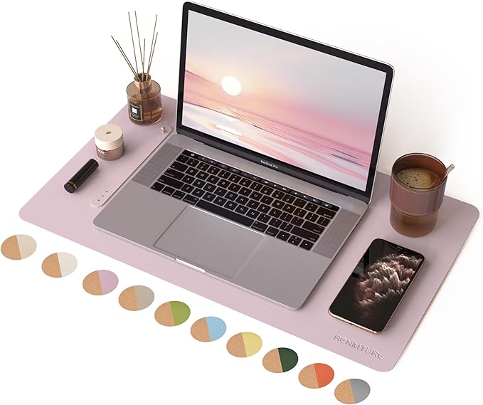 RENMTURE Dual-Sided Large Desk Pad, Faux Leather Natural Cork Mouse pad, Desk Accessories Protector, for Office and Home Work (Dusky Pink, 23.6" x 13.7")