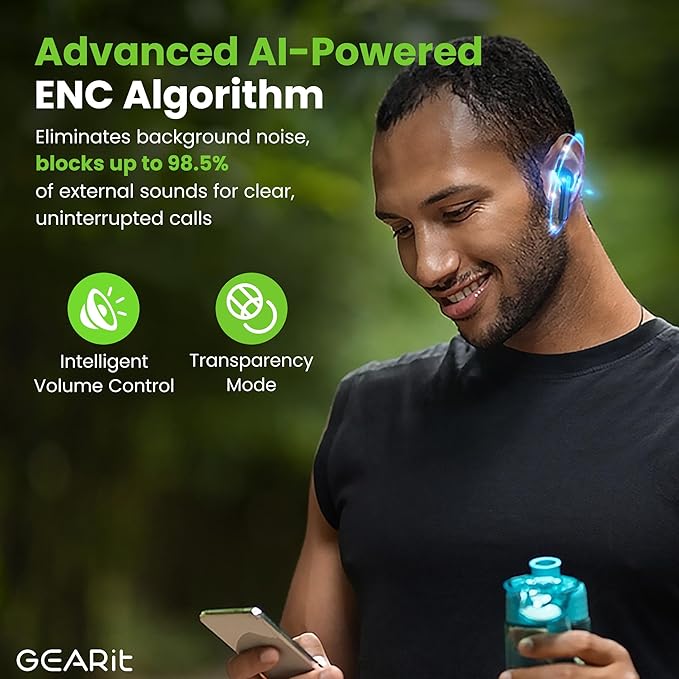 GEARit True Wireless Bluetooth Earbuds Compatible with iPhone, Android - 22H Playtime Earpods w/Active Noise Cancellation Up to 98.5% - HD Sound Clarity, Smart Touch Control - 5.4 Bluetooth Ear Buds