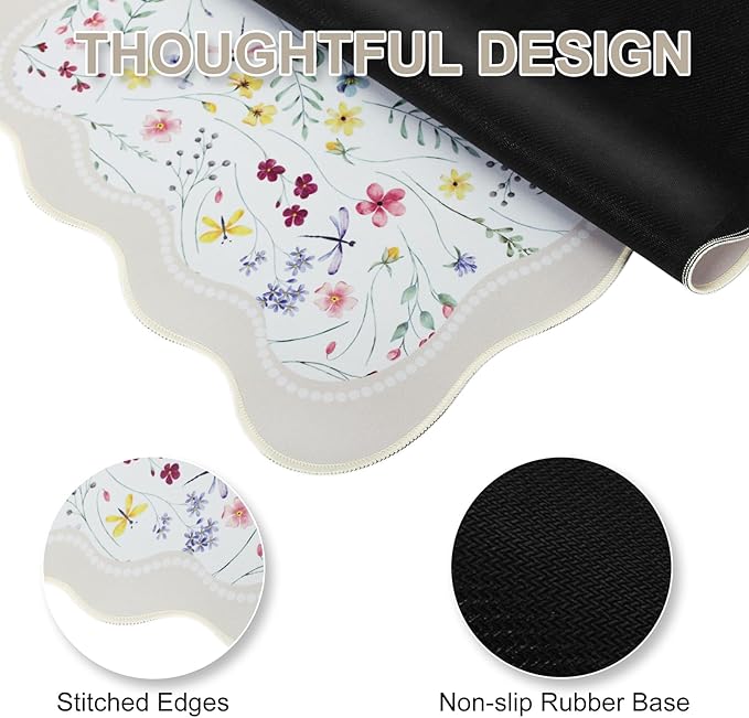 L-SPOUTTO Floral Mouse Pad,Botanical Desk Mat XXL Large Scalloped Gaming Mousepad,35.4x15.7in Non-Slip Keyboard Pad Waterproof Desktop Mat for Laptop Computer Work Game Home Office-Wild Flowers