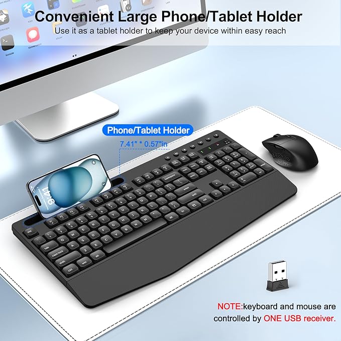 Wireless Keyboard and Mouse Combo with Palm Rest, Phone Holder, Full-Size Quiet Wireless Ergonomic Keyboard and Mouse, Comfortable Natural Typing Compatible for Windows, Laptop, Mac, PC