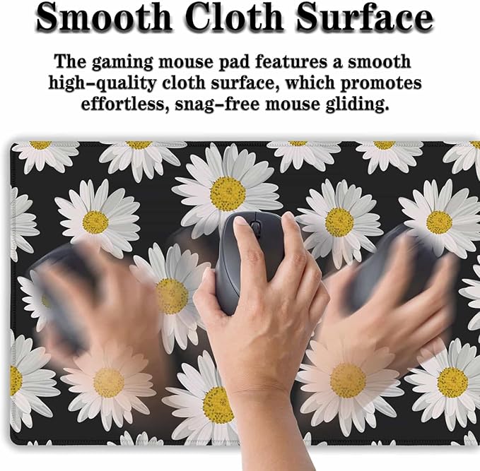 Big Mouse Pad Black Desk Pad Large Gaming Mousepads Pc Mouse Pads Office Items Non-Slip Rubber Base Waterproof with Stitched Edges 35.4 X 15.7 for Game Office, White Daisies