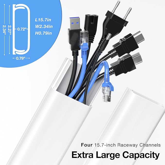 Delamu Cord Hider, 62.8in Cord Covers for 6-8 Wires on Wall, Cable Hider Cable Management, Wire Hiders for TV on Wall, Wire Covers for Cords, Cable Cover Wall, 4X L15.7 W2.36 H0.75in, White - Image 2