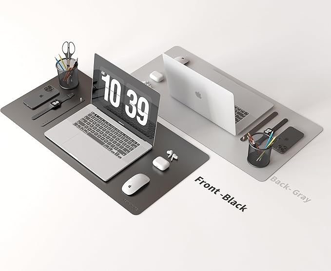 RENMTURE Double-Sided Two-Tone Faux Leather Desk mat Desktop Organization and Accessories Home and Office Large Mouse pad Game and Work (Black/Gray, 32"x16")