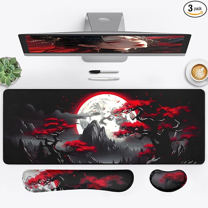 3-in-1 Large Gaming Mouse Pad Set, Anime Mouse Pad & Keyboard Wrist Rest, Memory Foam Ergonomic, Mountain Moon Scenery XL Desk Mat Set Suitable for Home Office,31.5 X 11.8 Inch