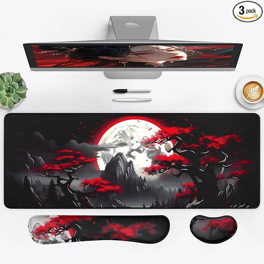 3-in-1 Large Gaming Mouse Pad Set, Anime Mouse Pad & Keyboard Wrist Rest, Memory Foam Ergonomic, Mountain Moon Scenery XL Desk Mat Set Suitable for Home Office,31.5 X 11.8 Inch