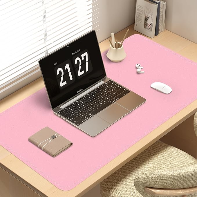 Bleswin Multifunctional Large Desk Mat, Double Sided Computer Desk pad, Extended Mouse Mat, Office Desk Protector with Waterproof PU Leather, 35.4''×16.9'', Office Home Writing Pad (Pink+Light Blue)