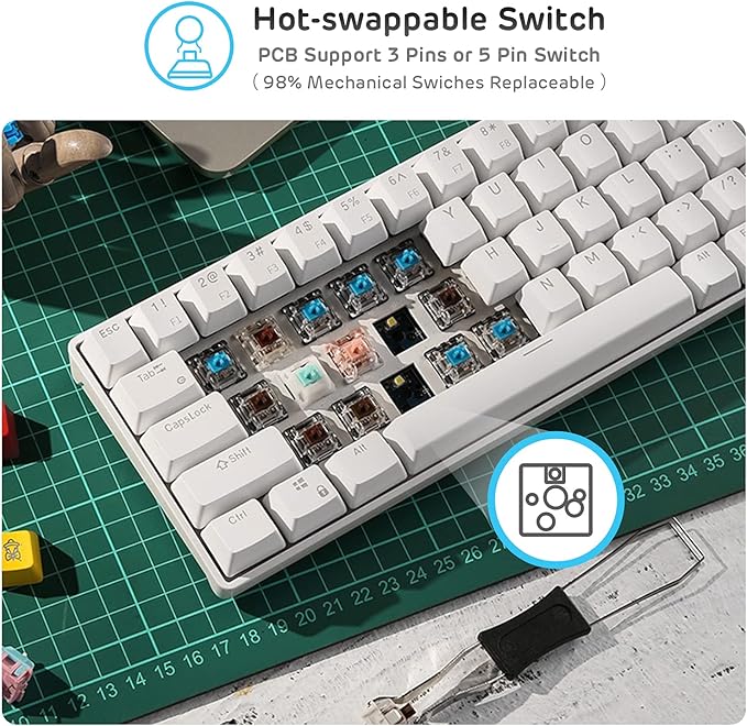 RK ROYAL KLUDGE RK61 Wireless 60% Mechanical Gaming Keyboard, Ultra-Compact 60 Keys Bluetooth Mechanical Keyboard with Programmable Software (Blue Switch, White)