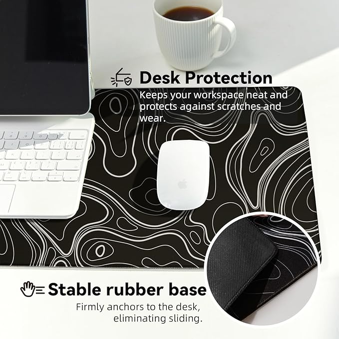 Waterproof Large Gaming Mouse Pad with Durable Stitched Edges, Non-Slip Rubber Base, Grainy Jacquard Mouse Mat Desk Pad for Home Office Gaming, 31.5''x11.8''x0.12'', Topographic Map White