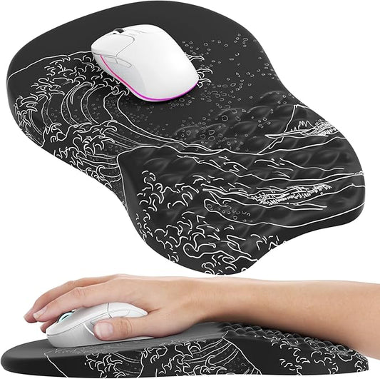 MROCO Ergonomic Mouse Pad with Wrist Support, Wrist Rest Mousepads for Carpal Tunnel Pain Relief, Memory Foam Pad with Massage Bulge and Non-Slip Base for Office, Home, Kanagawa Wave