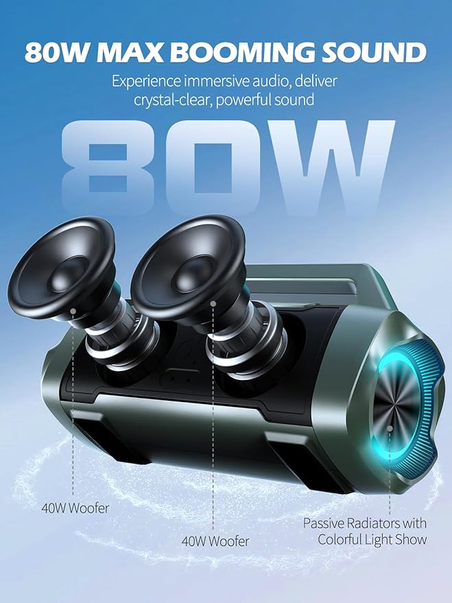 Speakers Bluetooth Wireless, 80W Peak Loud Outdoor Speaker with Bass, 20H Playtime, IPX6 Waterproof, TWS，BT5.3, Portable for Camping Hiking Boating Pool Beach, Olive Green