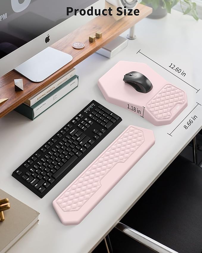 Ergonomic Mouse Pad Wrist Rest Support, Massage Design Surface for Carpal Tunnel Pain Relief, Memory Foam, Non-Slip PU Base for Computer Desk, Pink