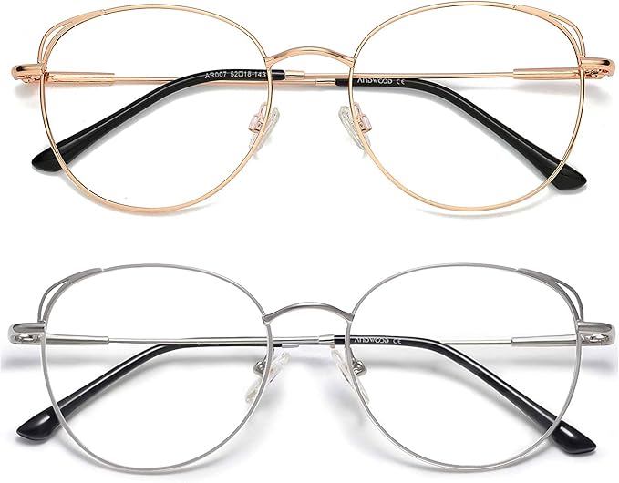 ANDWOOD Blue Light Blocking Glasses Women Cat Eye Computer Eyeglasses Metal Frame Hipster 2 Pack