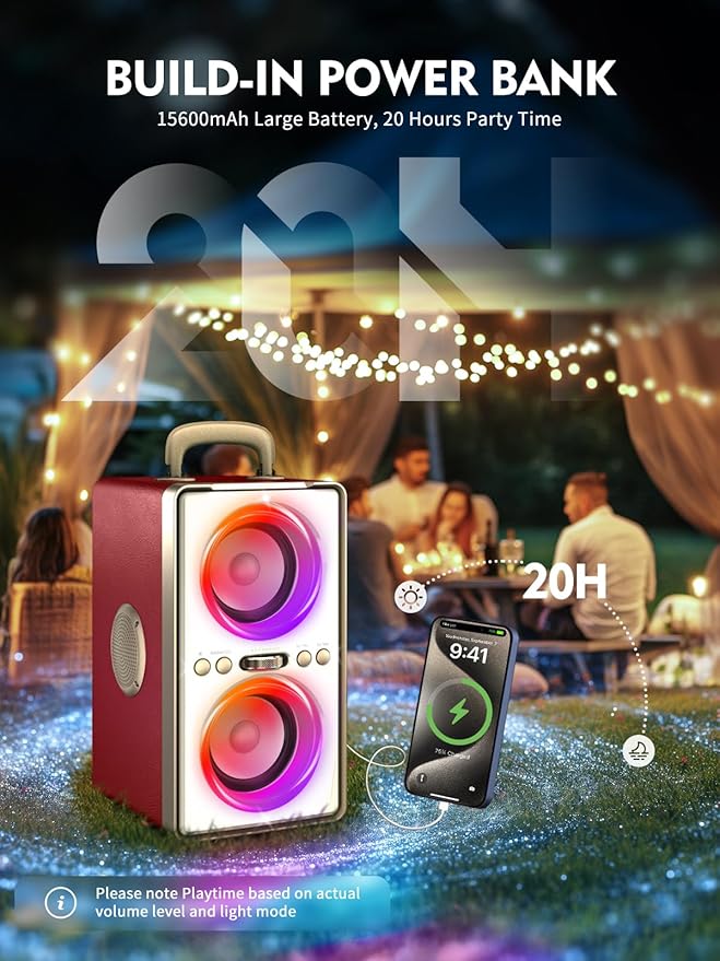Bluetooth Speaker, 240W Peak Loud Party Speaker with Big Bass, 20H Playtime, TWS, BT5.3, Large Portable Wireless Boom Box with LED Light for Outdoor Backyard Beach Home (Leather Red)
