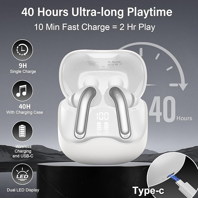 Hybrid Active Noise Canceling Wireless Earbuds, 6 Mics ENC Clear Call Ear Buds, Hi-Res Audio Deep Bass Bluetooth 5.4 Headphones, 48H Playtime, IP7, 8 EQ Modes, Multipoint Connection (White)