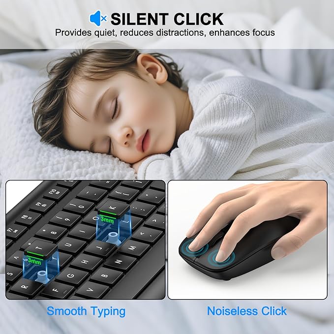 Wireless Keyboard and Mouse Combo, Full Size Silent Ergonomic Keyboard and Mouse, Long Battery Life, Optical Mouse, 2.4G Lag-Free Cordless Mice Keyboard for Computer, Mac, Laptop, PC, Window(2 Pack)