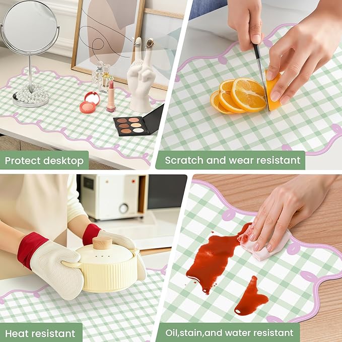 Leather Desk Pad, Desk Mat Mouse Pad, Non-Slip Mousepad Waterproof PU Table Cover Blotter for Computer Laptop Extra Large Keyboard Mat for Women Girl Office Home Dorm, Soft Pink + Green Checkered